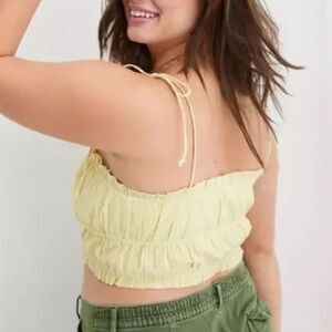 AERIE Woven Front Button Cotton Tank Top Smocked Yellow Stripe Tie Strap Medium